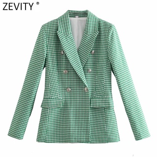 #blazer feminino longo plus#Zevity casaco feminino vintage, verde/rosa, com figura de xadrez, blusa inteligente e chique, para escritório 1onh