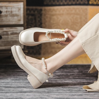 Lolita Branca Pequena Sapatos De Couro Das Mulheres Verão Fino Cabeça Redonda Japonês Pérola JK Retro Salto Grosso Mary Jane Único Sapato