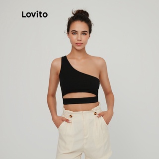 Lovito - Top cropped feminino assimétrico em algodão um ombro só L03028 – preto | branco | bege | verde | azul