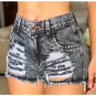 Short Jeans Feminino Bermuda Cintura Alta Hot Pants Destroyed Desfiado Na Perna Moda Blogueira