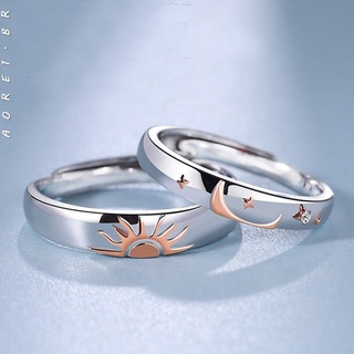 [AORE] Design estrela lua / sol em prata esterlina 925 com conjunto de anéis ajustáveis para casal anel