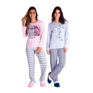 Pijama Comprido Malha Confortavel Roupa Femininas Fechado Inverno (3)