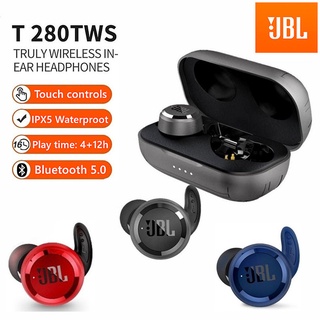JBL T280 TWS Fone de ouvido sem fio Bluetooth esportivo à prova d'água com capa de carregamento de microfone