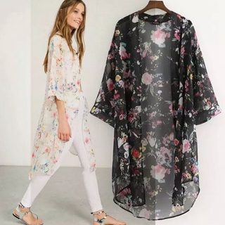Mulheres Floral Verão Impresso Chiffon Kimono Tops Cardigan Frente Aberta Jaqueta Casaco Cape Cover Up