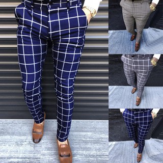[BGK] Fashion Men Casual Business Slim Fit Plaid Print Zipper Long Pants Trousers (5)