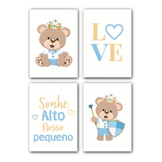 Kit 4 Placas Para Decoração Urso Príncipe Quarto do Bebê Placas Decorativas Menino