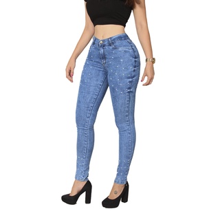 Calça Jeans Feminina Com Perolas Pedraria Luxo Cintura Alta