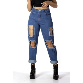 PHASE Calça Mom Boyfriend Jeans Rasgada 100% Algodão Premium (2)