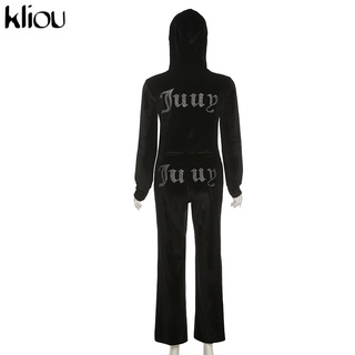 Kliou Conjunto casual de duas peças feminino com capuz conjunto jaqueta de veludo (9)
