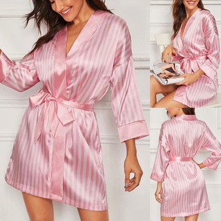 Plus Size Lingerie Sexy Feminina De Seda Listrada Robe De Cetim Roupão Pijamas Pijamas
