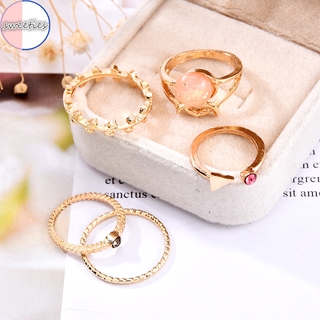 5 Peças / Conjunto Anéis Femininos Simples De Cristal / Ouro / Bijuteria / Presentes | 5Pcs/set fashion woman simple Crystal gold rings set adjustable rings jewelry gift