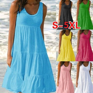 Plus Size Summer Dress Women Casual Sleeveless Loose Solid Color O Neck S-5XL