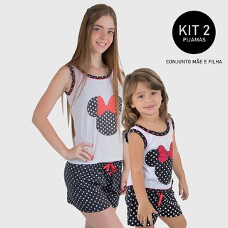 Kit 2 Pijamas Minnie Mãe e Filha Preto Baby Doll Linha Noite Verão