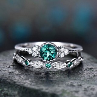 2 Pçs / Set Luxo Verde Pedra Azul Anéis De Cristal Para As Mulheres Noivado Casamento
