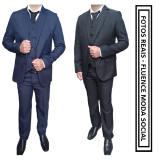 Terno social masculino Slim oxford premium completo com colete - 2 cores (preto/azul marinho)