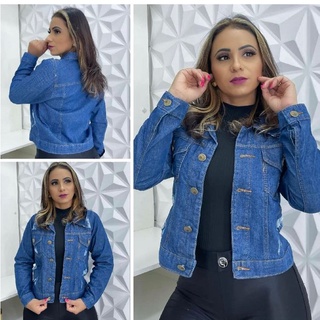 Jaqueta Jeans Feminina Easgado Moda Dendencia Azul Manchado com Barra com botao normal (3)