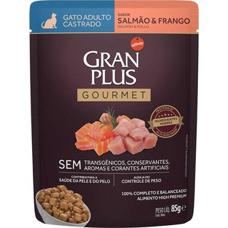 Sache Ração Úmida Gran Plus Gourmet Sachê Salmão & Frango para Gatos Castrados