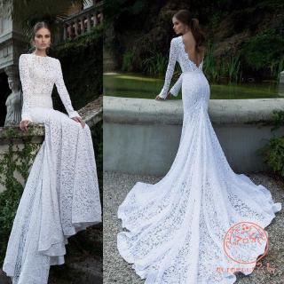 Vestido de noiva longo com renda e abertura nas costas (1)