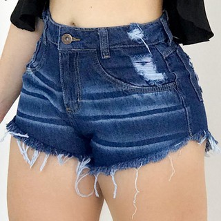 Bermuda Shorts Jeans Feminino Desfiados Cós Alto Hot Pants