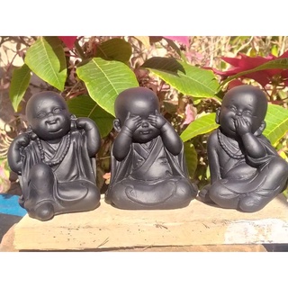 Buda Monge Trio de Budas Decoração Sabedoria Cego Surdo e Mudo Monge A Preto