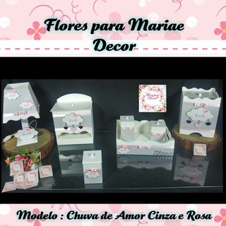 Kit Bebe decorado Mdf 7 Pçs Chuva Amor Cinza Rosa + Brinde 1Nome