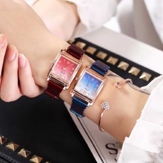 Mulheres Moda Gradiente De Cor Quadrado Relógio De Quartzo Ímã Fivela De Aço Inoxidável Relógios De Pulso De Luxo (2)