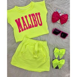 Conjunto Infantil Malibu Meninas Cropped + Saia ou Shorts Neon