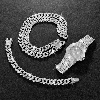 Gold/Silver Necklace +Watch+Bracelet Hip Hop Chain Iced Out Paved Rhinestones CZ Bling Rapper for Men Jewelry