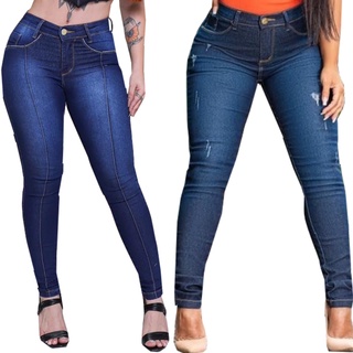 Kit 2 Calças Femininas Jeans Cós Alto Com Lycra (Hot Pants) Modelagem Levanta Bumbum