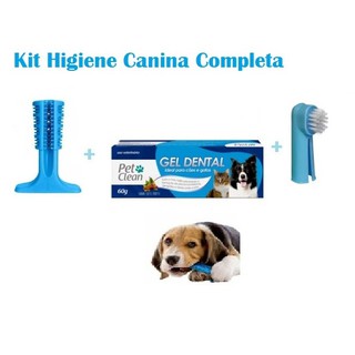 Kit Higiene Bucal Canina - Acompanha 1 Mordedor escova dental Brinquedo pet pequeno Escova Dentes Limpa Tártaro + 1 pasta de dente gel dental + Escova de dente dedal