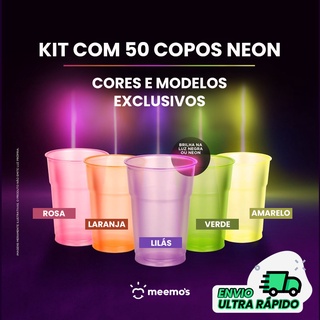 Kit 50 copos descartáveis Neon Festa Balada 5 cores Roxo/Verde/Amarelo/Laranja/Rosa Brilha na luz negra