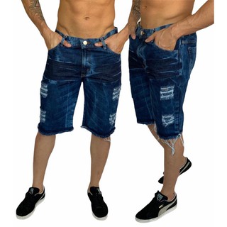bermuda jeans masculina rasgada Jeans Escura em oferta