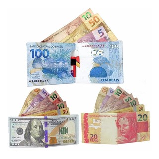 Carteira dólar Unissex Executiva Estampa em cédulas dólar e euro e Real