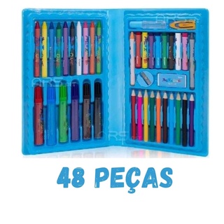 Maleta Escolar Kit Pintura Infantil 48 Peças Canetinhas Lápis Giz Cera + Desenhos Colorir Estojo (3)