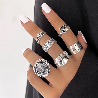 Vintage Flower Butterfly Rings Set Fashion Punk Carved Star Sun Rings for Women Men Treny Jewelry Accessories