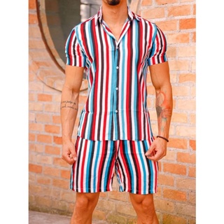 camisa conjunto Masculino Estampa Listrado Havaiana Praia verão Manga Curta Viscose moda