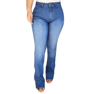 calça feminina jeans flare desfiada cintura alta plus size cód1113