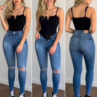 Calça jeans modeladora rasgada no joelho vários modelos
