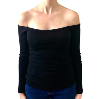 Blusa ombro a ombro manga longa PRETA 96% algodão 4% elastano.