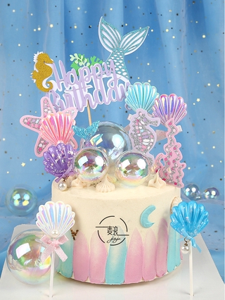 Sereia Feliz Aniversário Brilhante Shell Fishtail Bolo Toppers Starfish Para O Dia Das Crianças Fontes Do Partido Casamento Cozimento Presentes Encantadores
