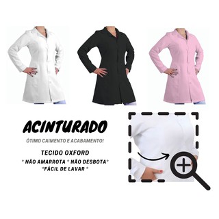 Jaleco Acinturado FEMININO MANGA LONGA oxford blusa casaco bata guarda-pó branco preto rosa Atacado