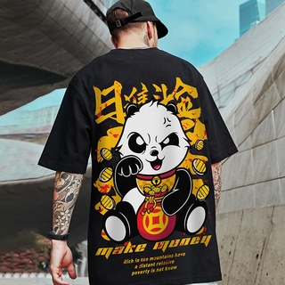 Camiseta Masculina Estampada Manga Curta Estilo Hip-Hop Estilo Chinês Panda