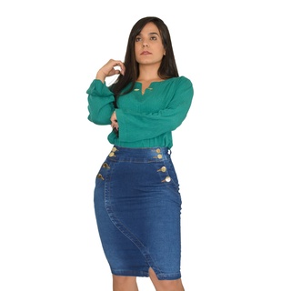 Saia Jeans Moda Evangélica Moda Feminina Com Lycra De Luxo Alto Padrão Cintura Alta REF: 029