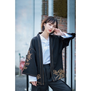 Japanese Style Traditional Clothe Men Women Print Black Streetwear Fashion Kimono Haori Warrior Retro Harajuku Cardigan (3)