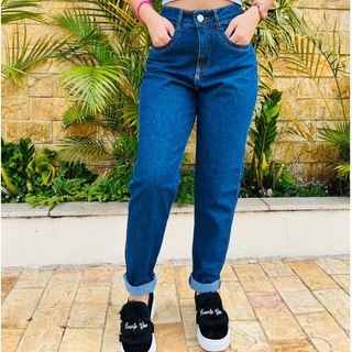 Calça MOM Jeans Feminina Lisa Escura Cintura Alta Moda 2022