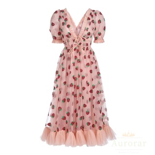 ღ𝓂ℰWomen’s Fashion Strawberry Sequin Dress Summer Short or Long Sleeve V-neck Slim Fit A-line Dress