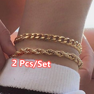 2Pcs/Set Boho Personality Silver/Gold Color Anklets Bracelets for Women Punk Multi Layer Metal Anklets Set Jewelry Gifts