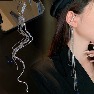 Fashionable and simple diamond-studded long pearl tassel elegant temperament earrings without pierced ears