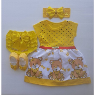 kit vestido urso com 4 peças vestido,calcinha,sapatinho e tiara