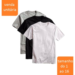 Camiseta Básica infantil Masculina Menino Manga Curta Branca Preta Cinza 100% algodão - Tamanhos : 1, 2, 3, 4, 6, 8, 10, 12, 14, 16 (4)